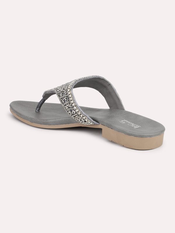 Women Pewter Embellished Ethnic Open Toe Flats Cheap