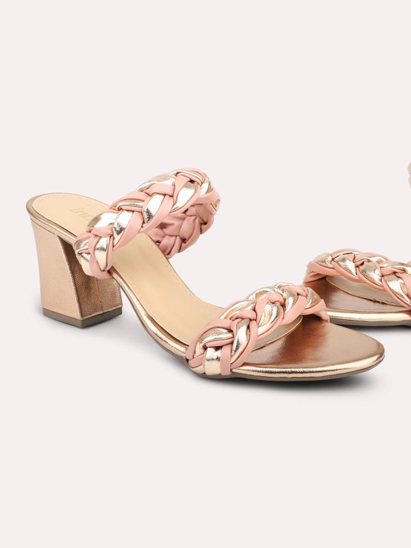 Women Rose Gold & Peach-Toned Textured Block Heels Discount