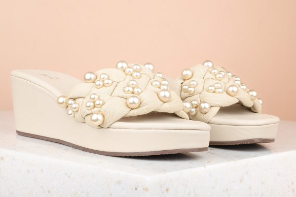 Women Beige Embellished Wedge Sandals For Sale