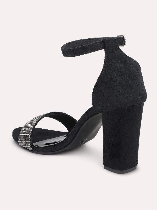 Women Black Embellished Party Block Heels With Ankle Loop on Sale