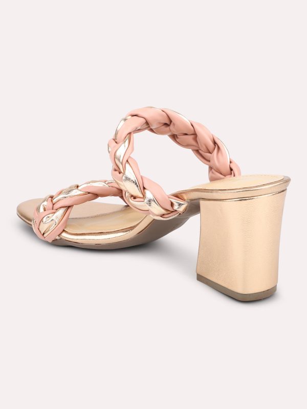 Women Rose Gold & Peach-Toned Textured Block Heels Discount