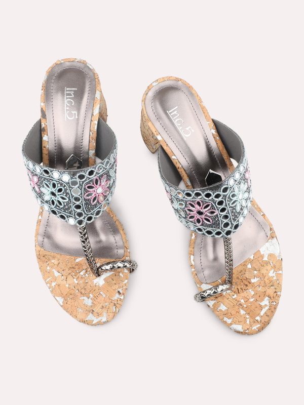 Women Pewter Embellished Ethnic Block Heels Online now