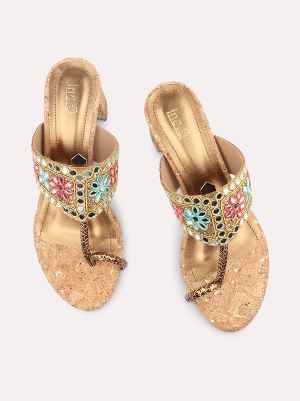 Women Antique Embellished Ethnic Block Heels Cheap