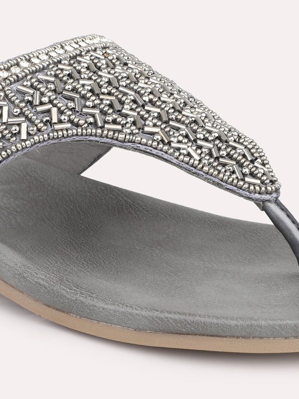 Women Pewter Embellished Ethnic Open Toe Flats Cheap