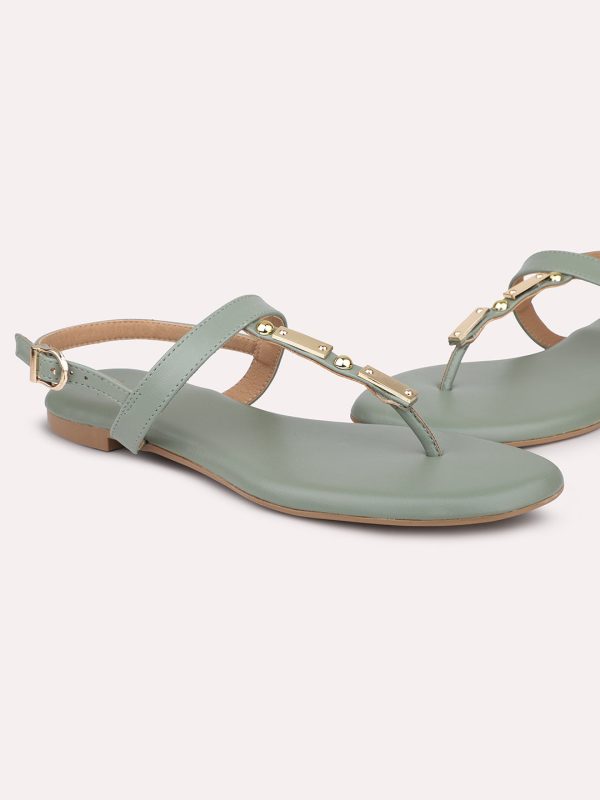 Women Green T-Strap Flats With Backstrap For Discount