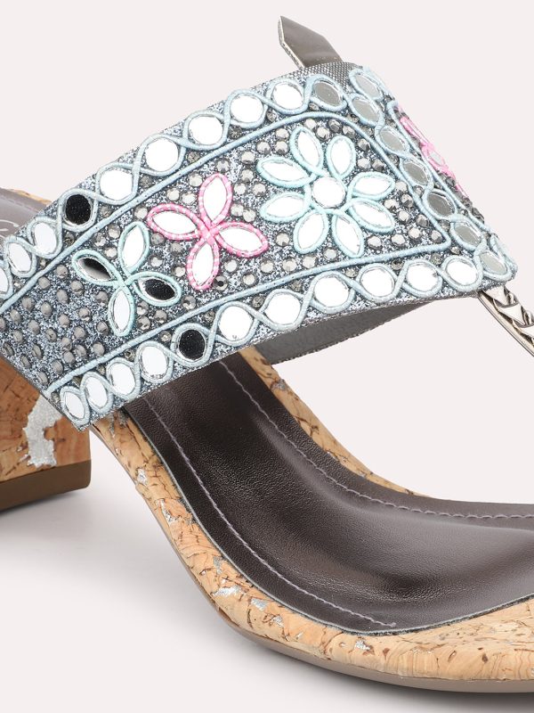 Women Pewter Embellished Ethnic Block Heels Online now