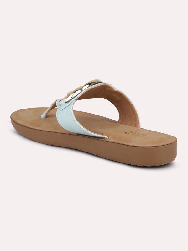 Women Blue T-Strap Open Toe Flats Online Hot Sale