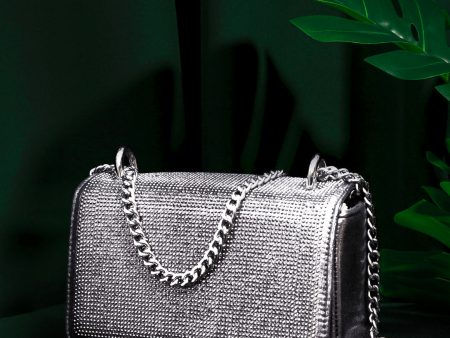 Women Pewter Toned Embellished Foldover Clutch For Sale