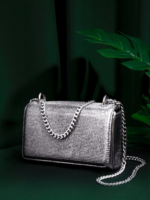 Women Pewter Toned Embellished Foldover Clutch For Sale