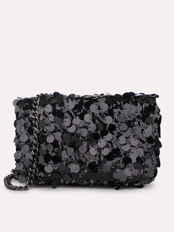 Women Black Embellished Foldover Clutch Online