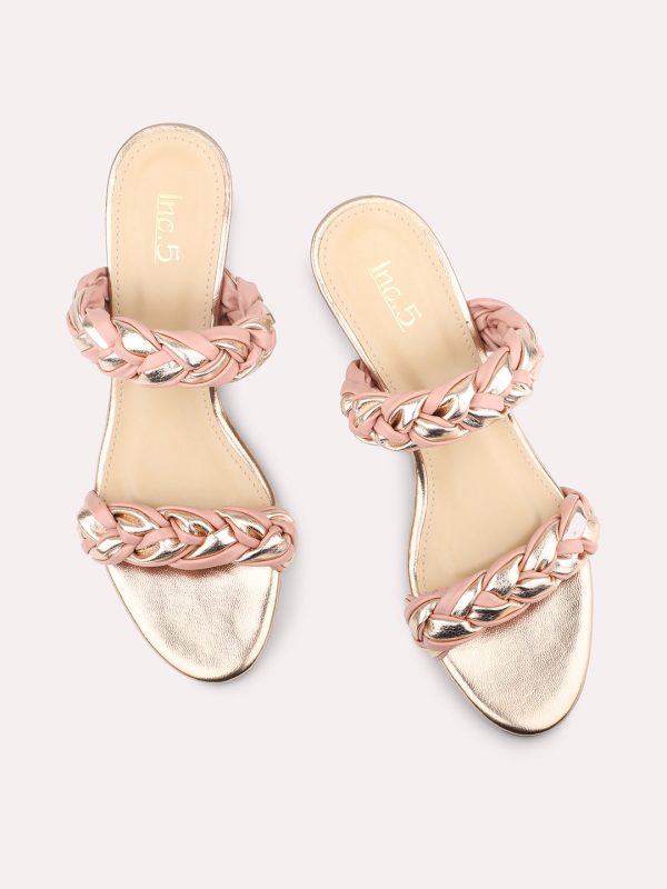 Women Rose Gold & Peach-Toned Textured Block Heels Discount