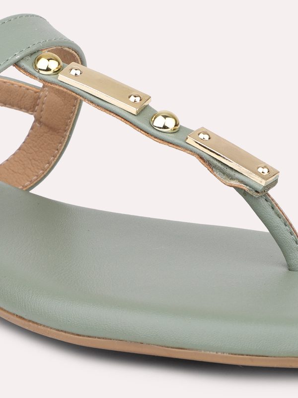 Women Green T-Strap Flats With Backstrap For Discount