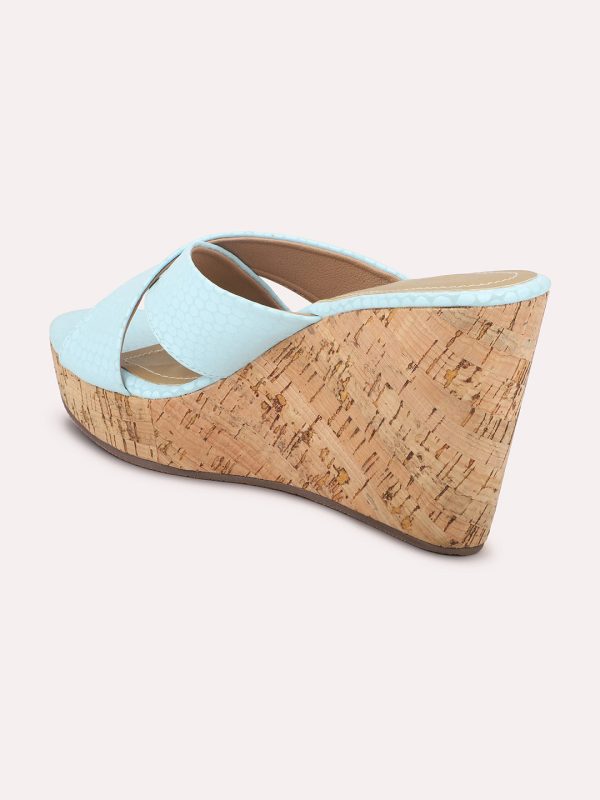 Women Blue Textured Open-Toe Wedges Online now