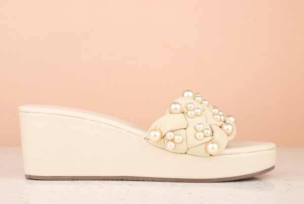 Women Beige Embellished Wedge Sandals For Sale