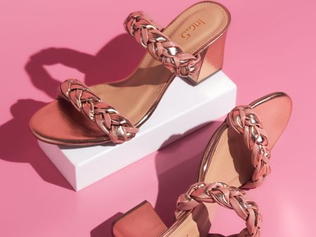 Women Rose Gold & Peach-Toned Textured Block Heels Discount