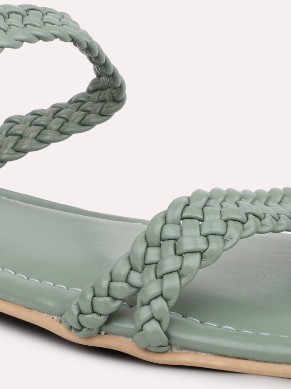 Women Green Textured Open Toe Flats For Sale