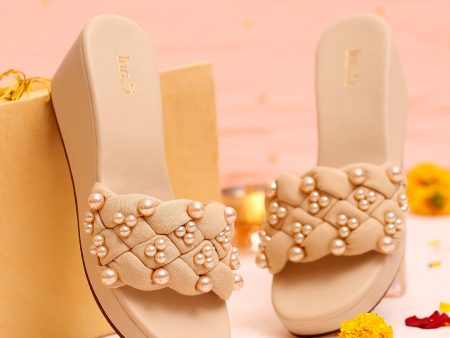 Women Beige Embellished Wedge Sandals For Sale