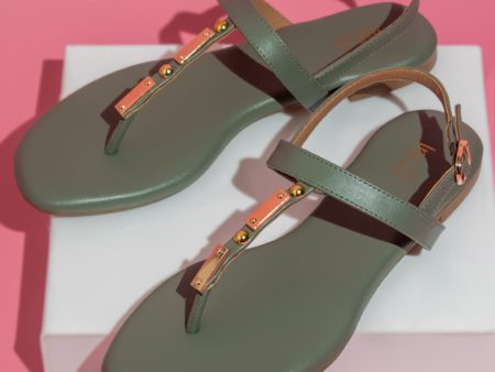 Women Green T-Strap Flats With Backstrap For Discount