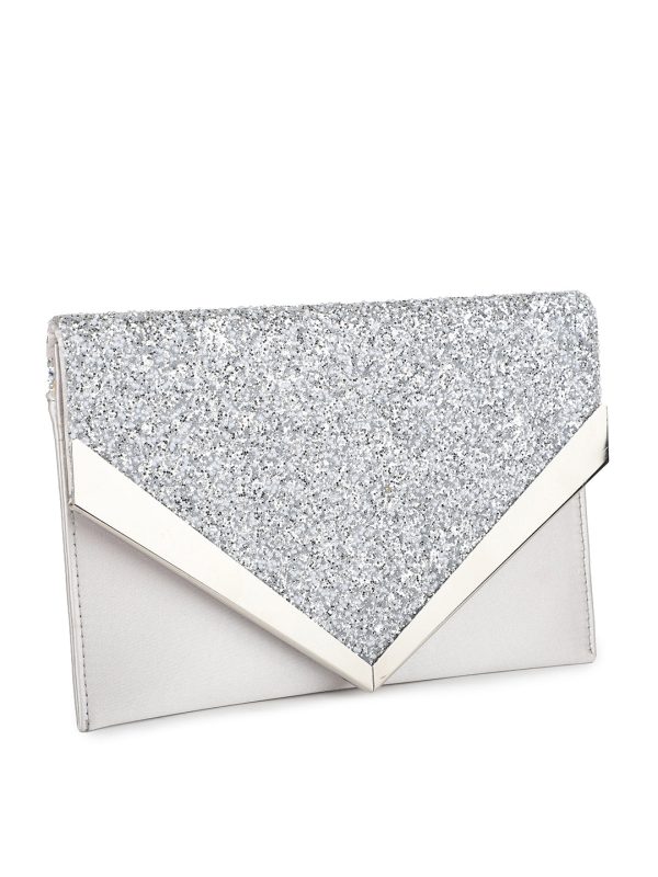 Women Silver Toned Embellished Envelope Clutch Sale