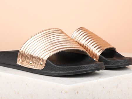 Women Rose Gold Textured Open Toe Flats Discount