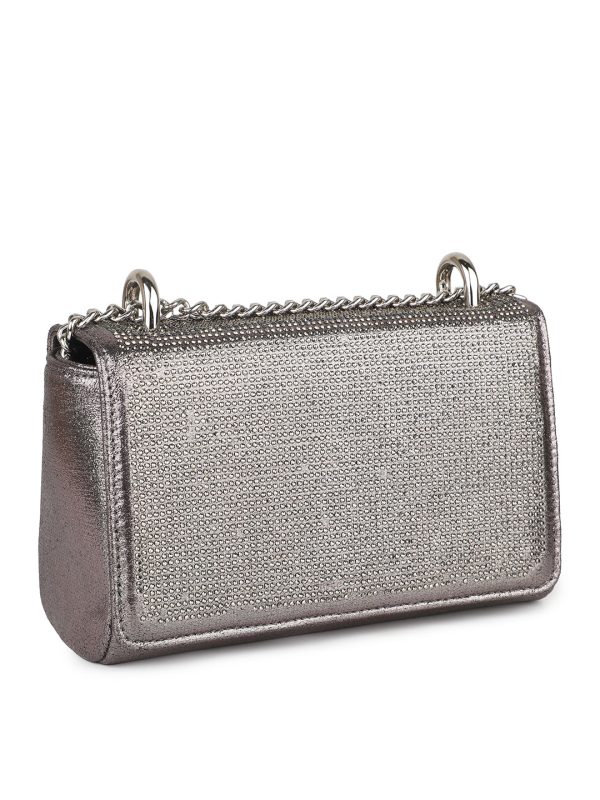 Women Pewter Toned Embellished Foldover Clutch For Sale