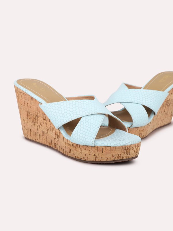 Women Blue Textured Open-Toe Wedges Online now