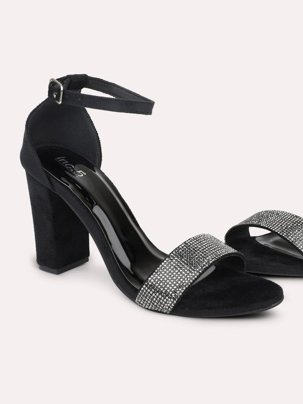 Women Black Embellished Party Block Heels With Ankle Loop on Sale