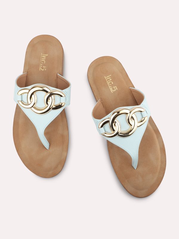 Women Blue T-Strap Open Toe Flats Online Hot Sale