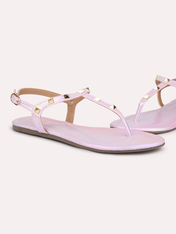 Women Pink And Gold-Toned Studded Open Toe Flats Online Sale