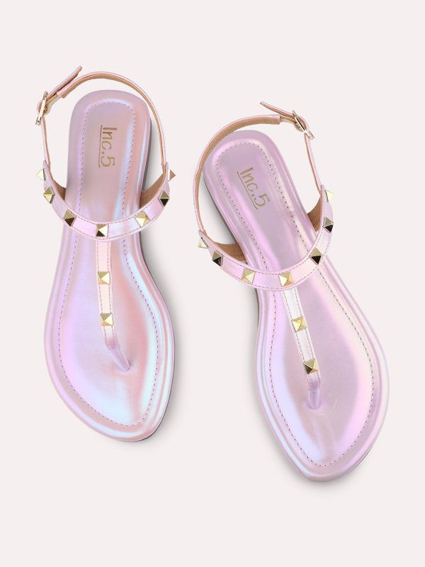 Women Pink And Gold-Toned Studded Open Toe Flats Online Sale