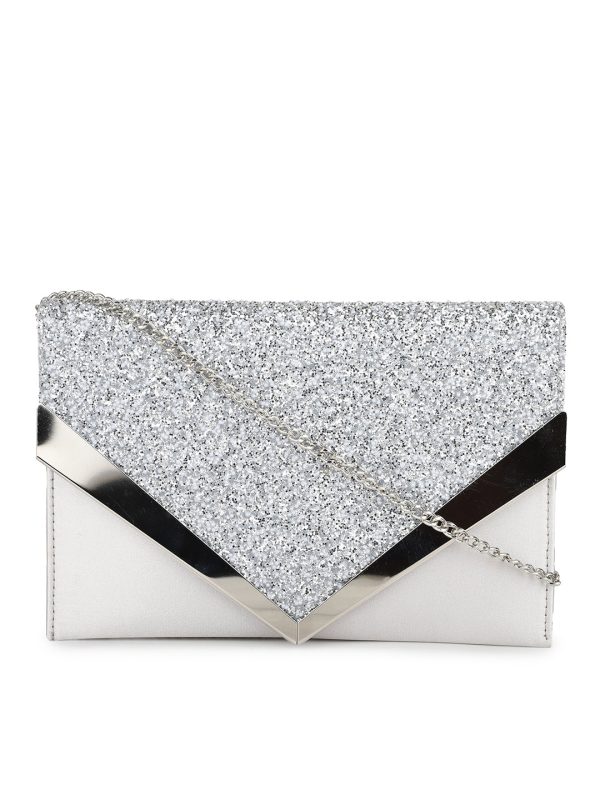 Women Silver Toned Embellished Envelope Clutch Sale