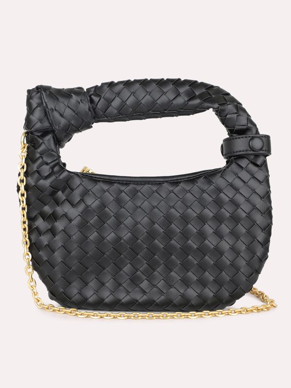 Women Black Textured Structured Hobo Bag Hot on Sale