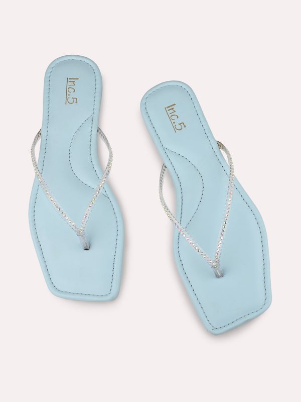 Women Blue Embellished Open Toe Flats on Sale