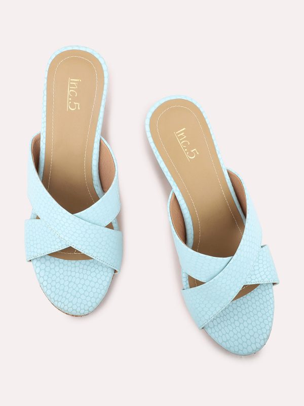 Women Blue Textured Open-Toe Wedges Online now