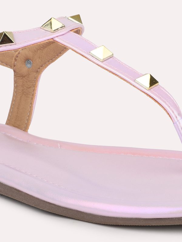 Women Pink And Gold-Toned Studded Open Toe Flats Online Sale