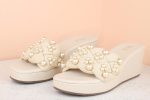 Women Beige Embellished Wedge Sandals For Sale