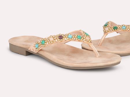 Women Rose Gold Ethnic Embellished Open Toe Flats Discount