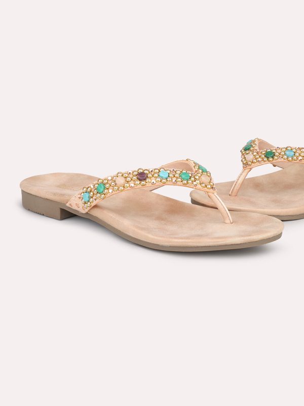 Women Rose Gold Ethnic Embellished Open Toe Flats Discount