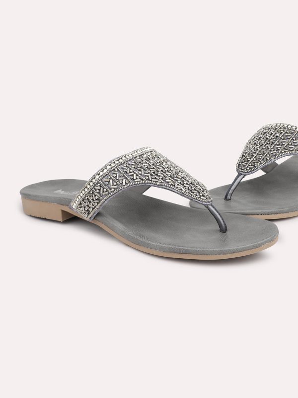 Women Pewter Embellished Ethnic Open Toe Flats Cheap