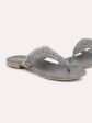 Women Pewter Embellished Ethnic Open Toe Flats Cheap