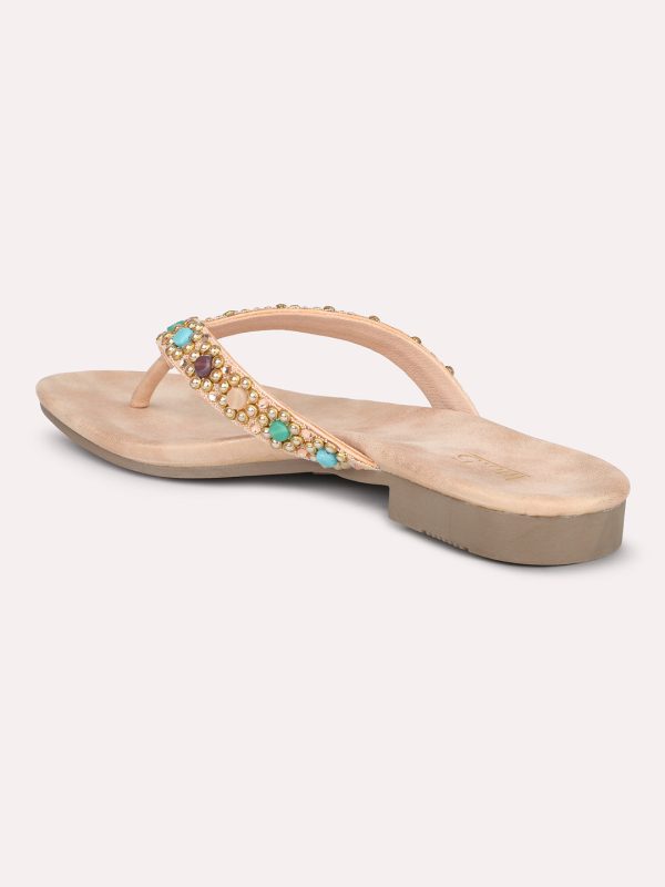 Women Rose Gold Ethnic Embellished Open Toe Flats Discount