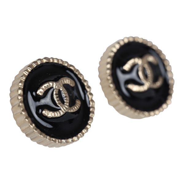 Chanel Small Round CC Button Earrings Black Enamel Light Gold Tone Metal Fashion