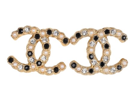 Chanel CC Black White Crystals and Pearls Stud Earrings Gold Hardware Discount