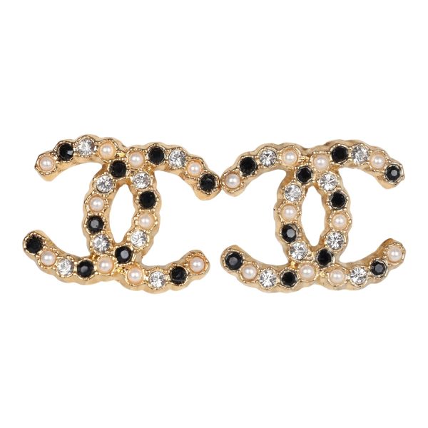 Chanel CC Black White Crystals and Pearls Stud Earrings Gold Hardware Discount