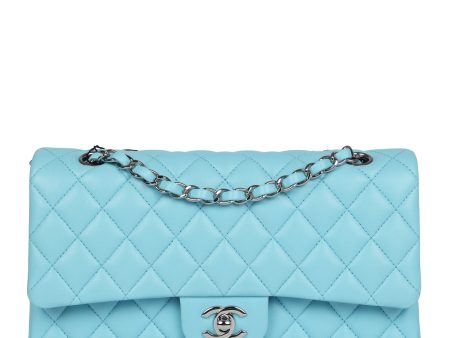 Chanel Medium Classic Double Flap Bag Light Blue Lambskin Silver Hardware Online Sale