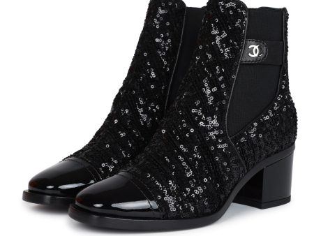 Chanel Cap Toe Ankle Boots Black Sequin Patent EU 35.5 Hot on Sale