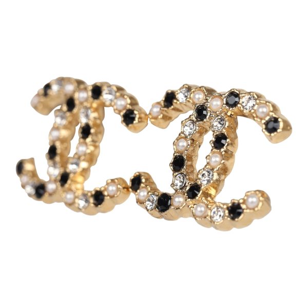 Chanel CC Crystals & Resin Pearls Stud Earrings Black and White Gold Tone Metal Online Sale