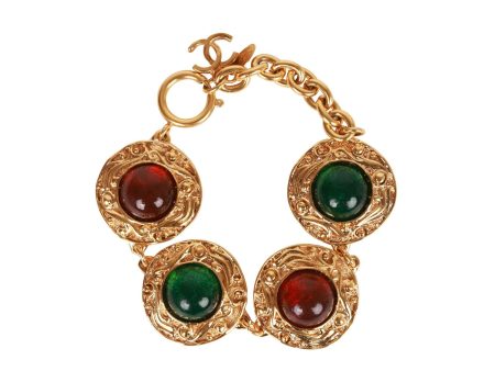 Vintage Chanel Gold, Green and Red Gripoix Medallion Bracelet For Discount