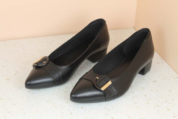 Women Black Pointed Toe Block Pumps With Buckles Details on Sale