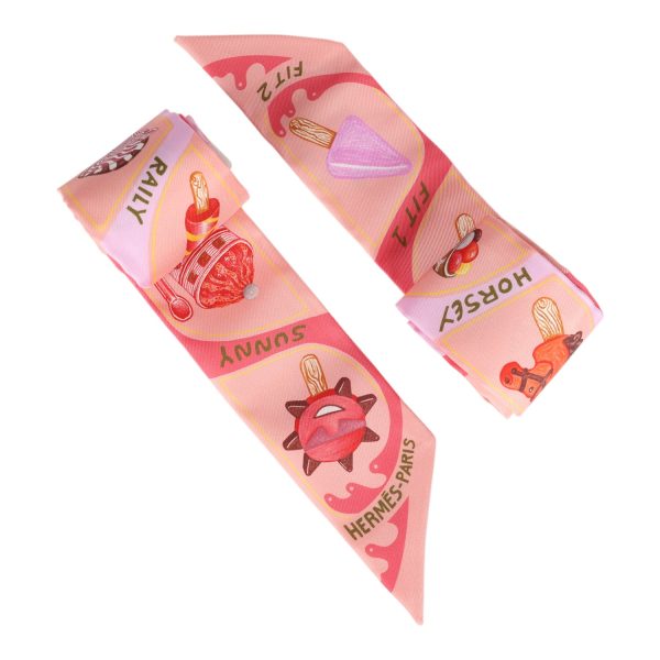 Hermes  Funny Ice Cream  Rose Poudre Multi Silk Twilly Pair Supply